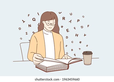 Entertainment relaxation with coffee concept. Young positive woman cartoon character sitting reading book while drinking coffee at table vector illustration 