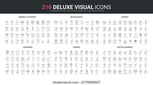 Entertainment, restaurant order, menu and payment, wine and drinks line icon set. Business startup process and communications, market economy trends thin black outline symbols vector illustration