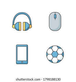 Entertainment RGB color icons set. Headset to listen music. Computer mouse to browse internet. Tablet with touch screen. Soccer ball. Football game gear. Isolated vector illustrations
