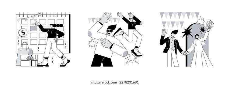 Entertainment service abstract concept vector illustration set. Event management, corporate and wedding party, meeting organizer, planning service, team building, celebration abstract metaphor.