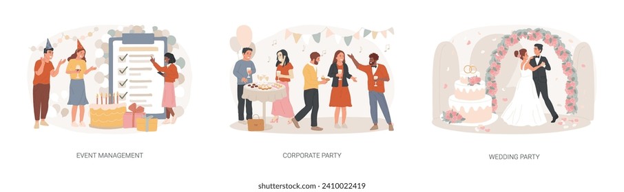 Entertainment service isolated concept vector illustration set. Event management, corporate and wedding party, meeting organizer, planning service, team building, celebration vector concept.