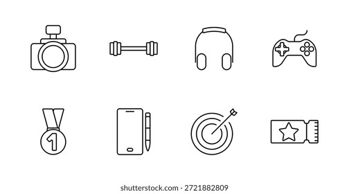 Icono de conjunto de entretenimiento. Cámara, barra, auriculares, joystick, medalla, smartphone, objetivo, ticket, diversión digital, logro, juegos, creatividad, medios.