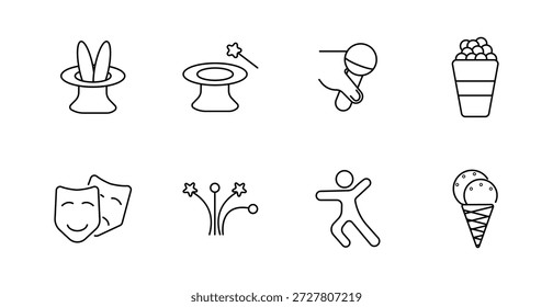 Icono de conjunto de entretenimiento. Sombrero de conejo, varita mágica, micrófono, palomitas de maíz, máscaras, fuegos artificiales, bailarín, helado, espectáculo, actuación, evento, diversión, escenario, festival, alegría.