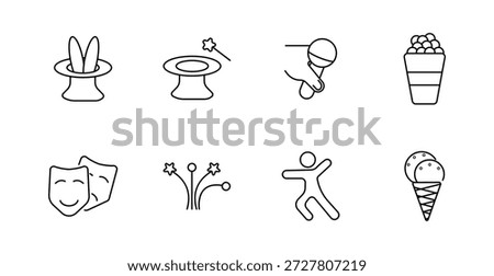 Entertainment set icon. Rabbit hat, magic wand, mic, popcorn, masks, fireworks, dancer, ice cream, show, performance, event, fun, stage, festival, joy.