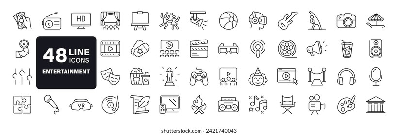 Entertainment set of web icons in line style. Lifestyle and Entertainment icons for web and mobile app. Theater, cinema, video, dance, theater, game. Vector illustration