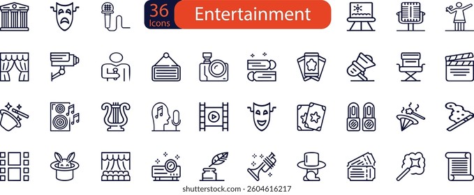 Entertainment set of web icons in line style. Lifestyle and Entertainment icons for web and mobile app. Theater, cinema, video, dance, theater, game.