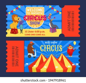 Entertainment show circus ticket to tent design, vector illustration. Carnival performance banner set, retro amusement theater.