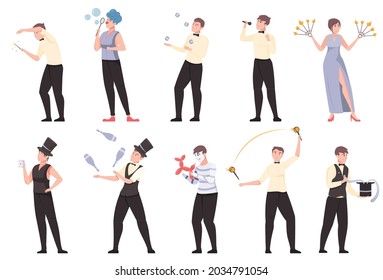 Entertainment show flat set of artist magician clown juggler and Fire show performer characters isolated vector illustration