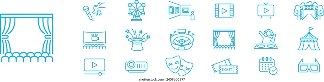 Entertainment Show icon set. live media movie event stage video theater concert cinema ticket magician circus. Linear icon collection. Editable stroke. Vector illustration