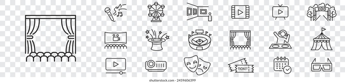 Entertainment Show icon set. live media movie event stage video theater concert cinema ticket magician circus. Linear icon collection. Editable stroke. Vector illustration
