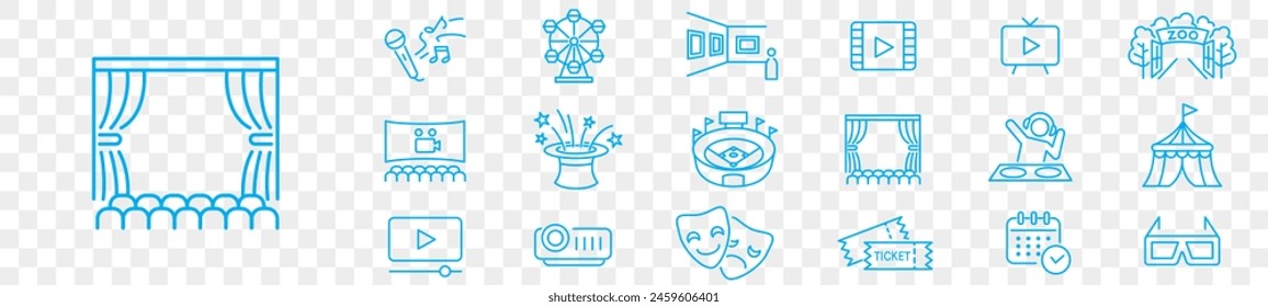 Video Conjunto de iconos de espectáculo de entretenimiento. escenario de evento de película multimedia en directo Colección de iconos lineales. Trazo editable. Ilustración vectorial