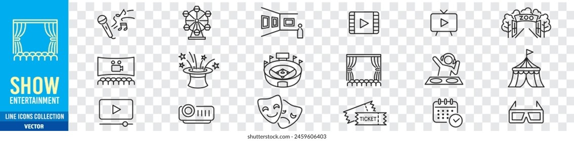 Entertainment Show icon set. live media movie event stage video theater concert cinema ticket magician circus. Linear icon collection. Editable stroke. Vector illustration