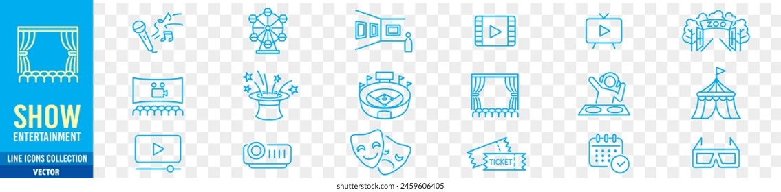 Entertainment Show icon set. live media movie event stage video theater concert cinema ticket magician circus. Linear icon collection. Editable stroke. Vector illustration