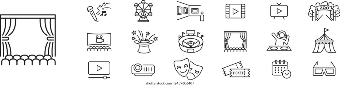 Entertainment Show icon set. live media movie event stage video theater concert cinema ticket magician circus. Linear icon collection. Editable stroke. Vector illustration