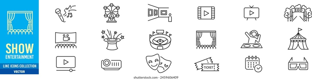 Entertainment Show icon set. live media movie event stage video theater concert cinema ticket magician circus. Linear icon collection. Editable stroke. Vector illustration