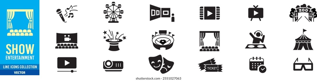 
Entertainment Show icon set. live media movie event stage video theater concert cinema ticket magician circus. Linear icon collection. Editable stroke. Vector illustration