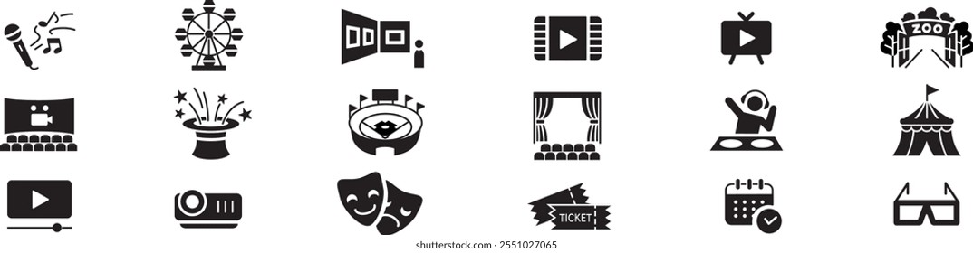 
Video Conjunto de iconos de espectáculo de entretenimiento. escenario de evento de película de medios en vivo Teatro Concierto Cinema ticket Circo mago. Colección de iconos lineales. Trazo editable. Ilustración vectorial