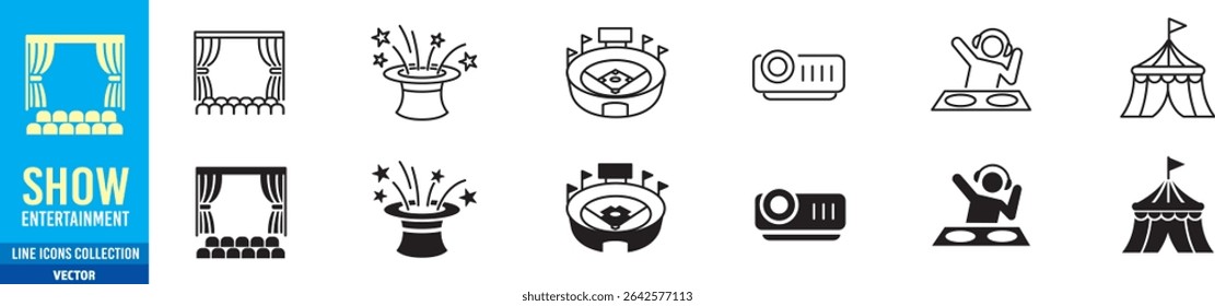 
Entertainment Show icon set. live media movie event stage video theater concert cinema ticket magician circus. Linear icon collection. Editable stroke. Vector illustration.