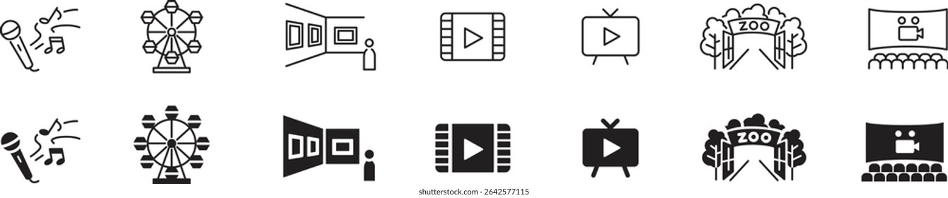 
Entertainment Show icon set. live media movie event stage video theater concert cinema ticket magician circus. Linear icon collection. Editable stroke. Vector illustration.