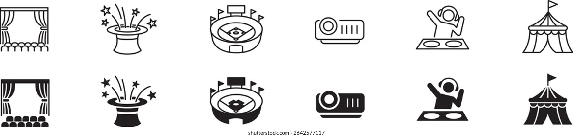 
Entertainment Show icon set. live media movie event stage video theater concert cinema ticket magician circus. Linear icon collection. Editable stroke. Vector illustration.