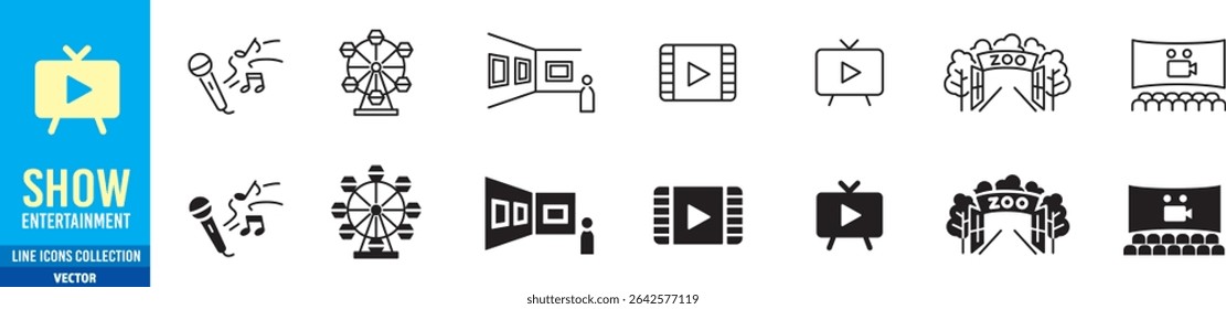 
Entertainment Show icon set. live media movie event stage video theater concert cinema ticket magician circus. Linear icon collection. Editable stroke. Vector illustration.