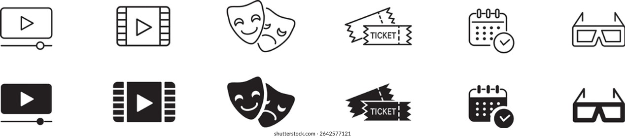 
Entertainment Show icon set. live media movie event stage video theater concert cinema ticket magician circus. Linear icon collection. Editable stroke. Vector illustration.