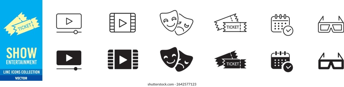 
Entertainment Show icon set. live media movie event stage video theater concert cinema ticket magician circus. Linear icon collection. Editable stroke. Vector illustration.