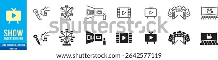 
Entertainment Show icon set. live media movie event stage video theater concert cinema ticket magician circus. Linear icon collection. Editable stroke. Vector illustration.