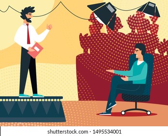 Entertainment Show Performing in Studio with Crowd of People Sitting in Audience Hall, Presenter Standing on Stage and Tv Guest Sitting in Armchair in front of Scene. Cartoon Flat Vector Illustration
