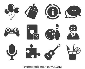 Entertainment signs. Discount offer tag, chat, info icon. Game, bowling and puzzle icons. Casino, carnival and alcohol cocktail symbols. Classic style signs set. Vector