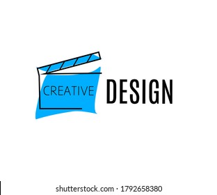 Entertainment studio logo with monoline-style clapperboard icon, isolated blue color. Vector logo.