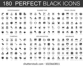 Entertainment, summer time, travel cruise, camping, gps navigation and insurance black classic icon set.