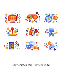 Entertainment symbols set, slot machine, game controller, casino tokens, musical sound equipment, comedy and tragedy theatrical masks vector Illustration