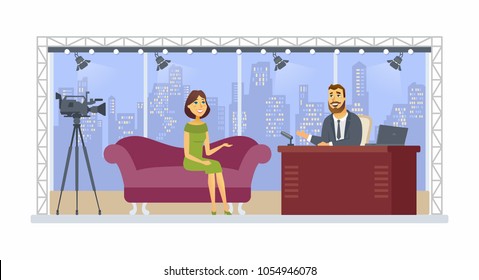 Entertainment talk show - cartoon people character isolated illustration on white background. A young smiling presenter interviewing a pretty girl, woman in a studio with an urban view