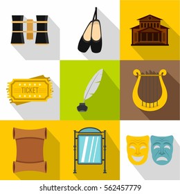 Entertainment in theatre icons set. Flat illustration of 9 entertainment in theatre vector icons for web