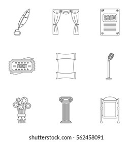 Entertainment in theatre icons set. Outline illustration of 9 entertainment in theatre vector icons for web