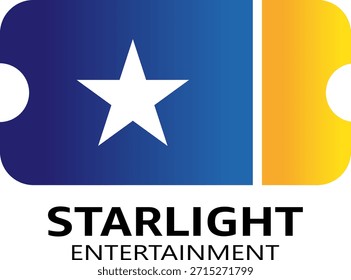 Entertainment ticket logo with star and gradient. Perfect for event companies, theaters, concerts, and entertainment venues. Modern blue yellow vector design.