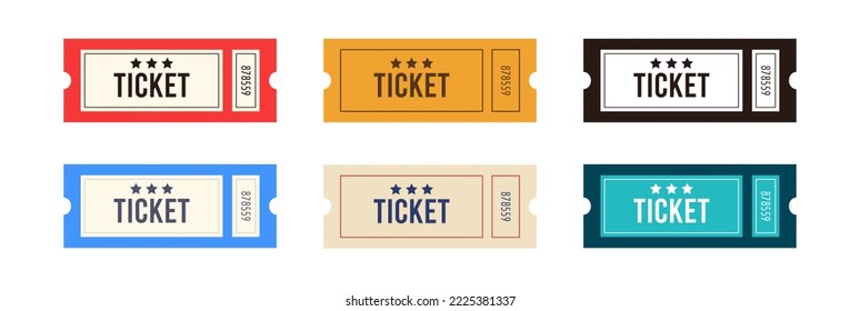 Entertainment ticket vector design template. Coupon festival paper symbol. Six colors concept.