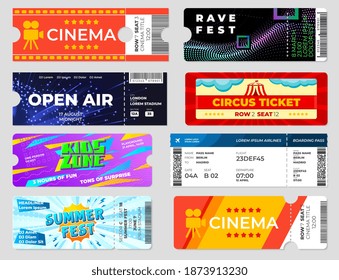 Entertainment tickets. Concert cinema event flyers, circus fest invitation cards template. Boarding pass, entrance papers recent vector set