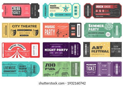 Entertainment tickets. Event cardboard labels cinema theatre kids playground music festival recent vector design tickets set isolated