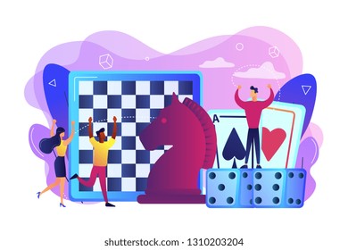 Entertainment of tiny people playing and winning chess, game cards and dice. Board game, leisure time activity, whole family activity concept. Bright vibrant violet vector isolated illustration