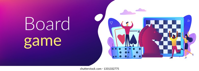 Entertainment of tiny people playing and winning chess, game cards and dice. Board game, leisure time activity, whole family activity concept. Header or footer banner template with copy space.