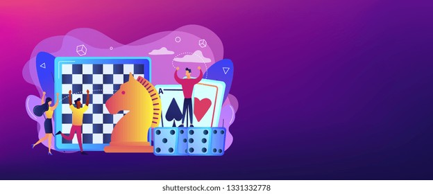 Entertainment of tiny people playing and winning chess, game cards and dice. Board game, leisure time activity, whole family activity concept. Header or footer banner template with copy space.