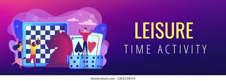 Entertainment of tiny people playing and winning chess, game cards and dice. Board game, leisure time activity, whole family activity concept. Header or footer banner template with copy space.