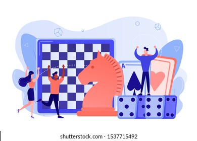 Entertainment of tiny people playing and winning chess, game cards and dice. Board game, leisure time activity, whole family activity concept. Pinkish coral bluevector isolated illustration