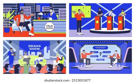 Entertainment TV shows cartoon flat illustrations set. Interview, human drama, game show. Hosts participants 2D characters colorful backgrounds. Programs scenes vector storytelling images collection