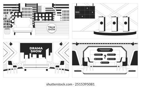 Entertainment TV muestra configuraciones de estudio ilustraciones de línea en blanco y negro. Televisión que transmite interiores 2D fondos monocromáticos. Drama, programas de juegos esbozan Imágenes vectoriales colección
