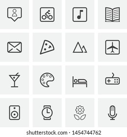Entertainment universal line icons set. linear style symbols collection, outline signs pack. vector graphics. Set includes icons as travel, mountains, drawing, gamepad controller, microphone, music