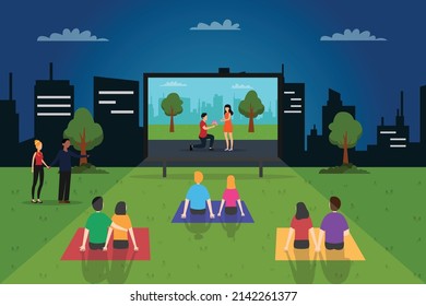 Entertainment vector concept. Crowded people enjoying outdoors cinema while watching together at the park
