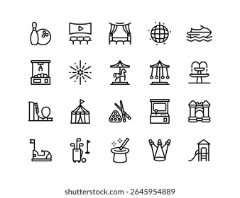 Entertainment Vector Icon Set | Adjustable Line Weight | Bowling, theater, cinema, carousel, arcade, circus, amusement park, playground, magic, pool, rides, leisure, fun icons